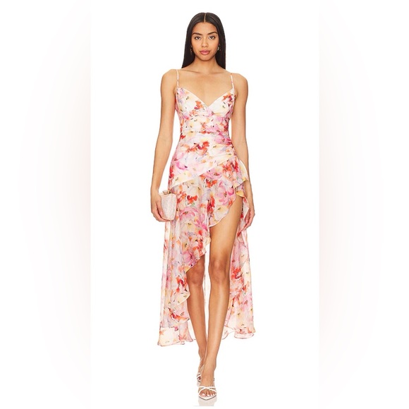 BARDOT Sorella Midi Dress Painterly Floral High Low Bais Diagonal High Slit Leg